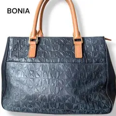BONIA　ボニア　ハンドバッグ　レザー　ブラック　ロゴ型押し　ブラックネイビー