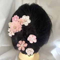 つまみ細工花髪飾り蝶々ビーズパール装飾付き　かんざし