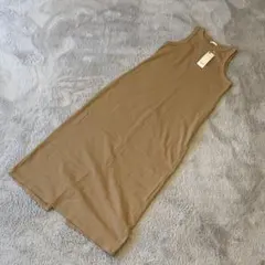 【新品タグ付き】GU リブナローワンピース ベージュ L ノースリーブ ロング