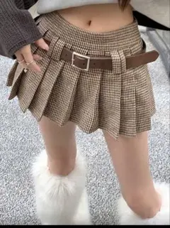ブラウンチェック プリーツミニスカート ベルト付き