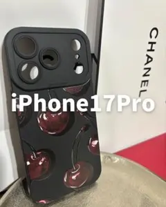 新品　iPhone17Pro用ケース　ブラック　さくらんぼ柄　チェリー