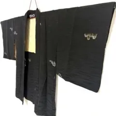 5k2691 羽織　正絹　袷　一つ紋　家紋　黒　金色　柄物　和装　着物