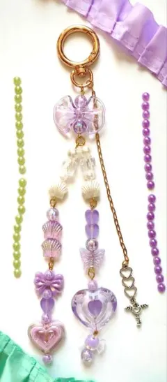 丸カラビナキーホルダー パープル韓国風 リボン ハート y2k 推し活