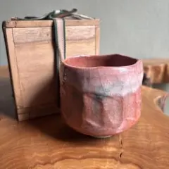 赤楽茶碗 楽入作 楽焼 筒茶碗 共箱 抹茶碗（gf16）