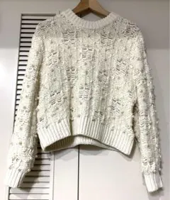 ZARA アイボリー パール装飾 クロップドニットセーター