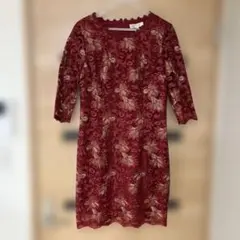 バーガンディ 花柄刺繍 レースワンピース