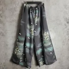 着物リメイク ワイド ラップパンツ 和柄 花柄 イージー 黒 緑 モード