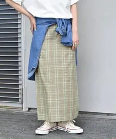 B.C STOCK◆リネンライクチェックタイトスカート◆グリーン系◆F