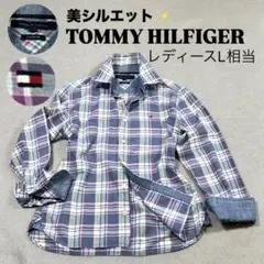 トミーヒルフィガー チェックシャツ 紫 緑 レディースL相当 着丈短め 羽織り