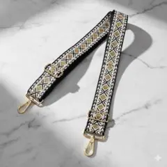 肩が楽・3.5cm幅 バッグ用 ショルダーストラップ 幾何学刺繍 ゴールド金具②
