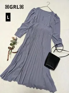 1235♡グレイル♡長袖プリーツワンピース【L】おしゃれなくすみブルー 可愛い