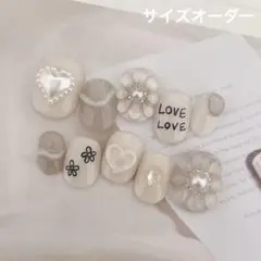 ネイルチップ サイズオーダー ニュアンス ぷっくりフラワー 落書きネイル 淡色