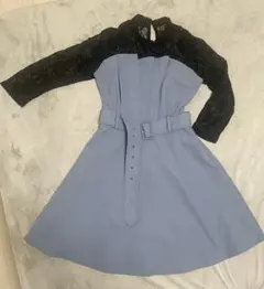 CECIL Mc BEE ブルー レース袖 膝上 ワンピース ウエストベルト