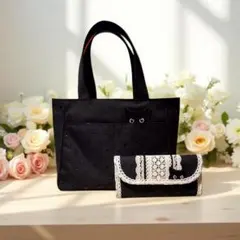 ハンドメイド トートバッグ＆長財布セット　黒猫の肉球　帆布　レース