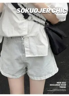 デニムパンツ レディース ショートパンツ ライトブルー ウェストゴム