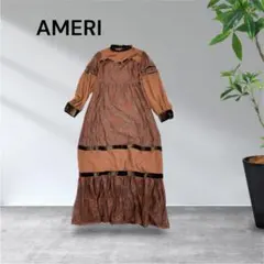 3534☆AMERI 総レースシースルーワンピース ドレスベロア ブラウン