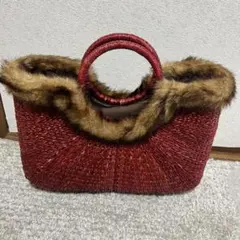 ファー付きかごバッグ　赤