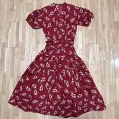 PINK HOUSE ワンピース 半袖 花柄 赤 フレアワンピース ベルト付き