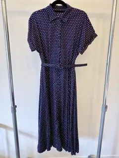 美品　ネイビー 水玉 半袖 ロングシャツワンピース