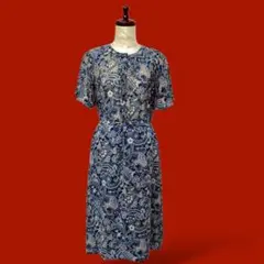 ◎レトロ古着 万華鏡ワンピース 半袖 ネイビー 総柄 ウエストリボン 個性派美品