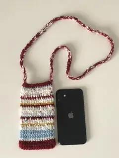カラフル編み物スマホショルダーバッグ