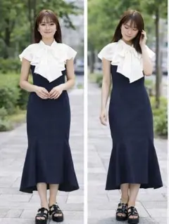 美品 即日発送 REDYAZEL フリル配色ワンピース ネイビー Sサイズ