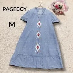 【ページボーイ PAGEBOY】スキッパーデニム　半袖チュニック　オルテガ刺繍M