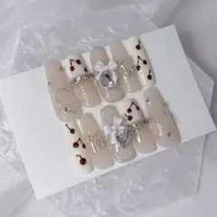 ネイルチップ　オーダーメイド　フレンチガーリー　さくらんぼ　量産型　ワンホン