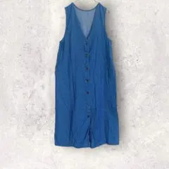 デニムブルー　シャツワンピース　ロング丈　ノースリーブ　M 綿100% 薄地