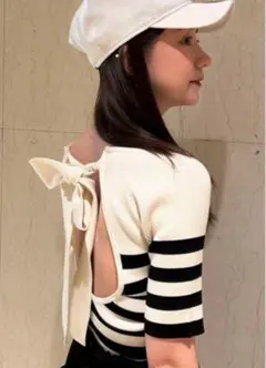 SNIDEL バックオープンリボンニットプルオーバー　ボーダー