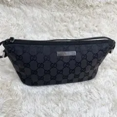 美品✨　グッチ　アクセサリーポーチ　ggキャンバス　レザー　ロゴ　ダークブラウン
