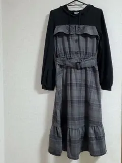 ワンピース　グレーチェック　フード