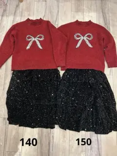 子供用　可愛いキラキラ　赤リボン刺繍セーターと黒スカートセット　140 150