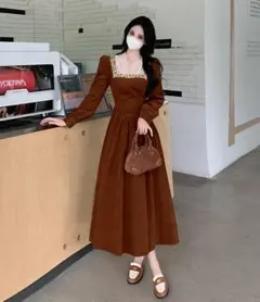 新品 大きいサイズ スクエアネック ロングワンピース コーデュロイ 秋冬ｗ