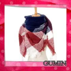 大判ストール スカーフ チェック柄 三角形 ネイビー レッド おしゃれ 防寒対策