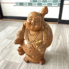 開運　木彫り　布袋尊　薫作　七福神　縁起物　約30cm 根付　古物　開眼成就 縁起物 置物 七福神 布袋尊 シルキーゴールド 日本製 送料無料
