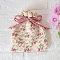 ❋ハンドメイド かぎ編み さくらんぼ フリル 巾着ポーチ (アイボリー 2)❋