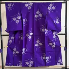 ■E6072■アンティーク■正絹■本紫色　花柄　単衣　お召着物■丈147　裄62