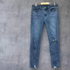 ユニクロ　美品　ダークブルー スキニーデニム 膝ダメージ　28インチ　綿88%