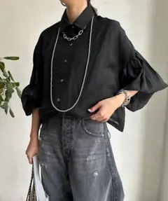 DouDou ショート丈シアーシャツ【レイヤードスタイルにも活躍！】ブラックのサムネイル