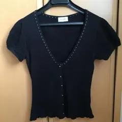 半袖　ニットカーディガン　黒　金刺繍　金ボタン enqueteアンケート