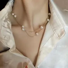 2連 パールネックレス ゴールドチェーン