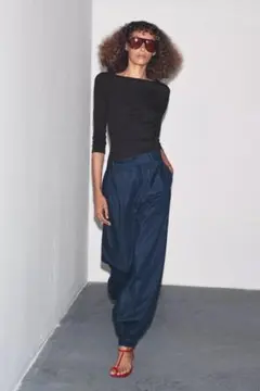 ザラZARAタグ付未使用コットンボートネックTシャツ カーボングレー