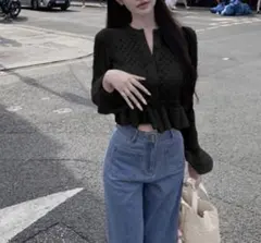 透かし編みベルスリーブペプラムニットカーディガン[an1898]