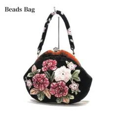 美品】ビーズ総刺繍/ボタニカル柄/花柄/口枠式/ビーズバッグ 