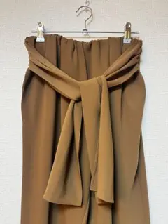 ブラウン ウエストリボン ワイドパンツ