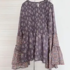 花柄 フレアスリーブ シャツインポート ブラウス S 紫 かわいい　シフォン