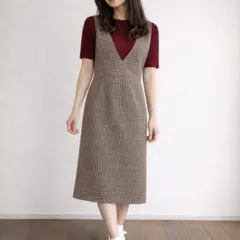 GU【M】Vネックジャンパードレス ガンクラブチェック 裏地あり