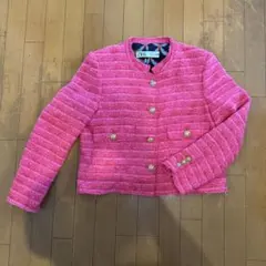 ZARA ツイード ノーカラージャケット ピンク L