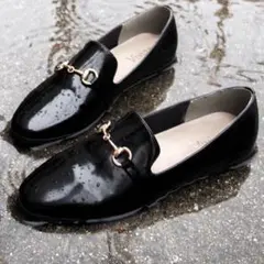 VIVIANスクエアトゥビット付きレインローファーレインシューズ黒晴雨兼用